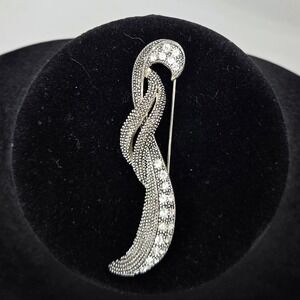 Elegant Silver Tone Ribbon Brooch Pin with Rhinestones Vintage Style
